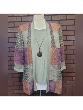 Giulia Sage Green Patchwork Blouse 3/4 Blazer Jacket & Necklace Size 8 Petite